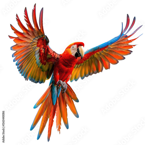 Crimson Wings Soaring: A scarlet macaw, its vibrant plumage a burst of color against the open sky, captured mid-flight with its majestic wings spread wide. transparent background. transparent backgrou