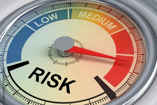 Obraz na płótnie Risk assessment gauge showing an upward trend with the needle pointing toward the medium section set against a shiny metallic background. w salonie