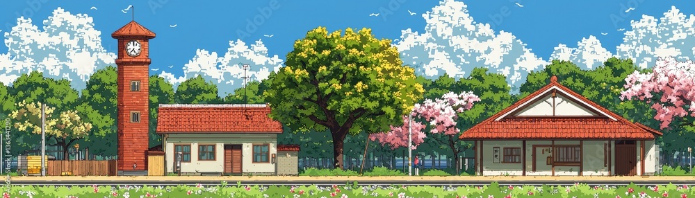 Naklejka premium Pixel art town scene with clock tower, houses, trees, and cherry blossoms. Use Background, wallpaper, social media post
