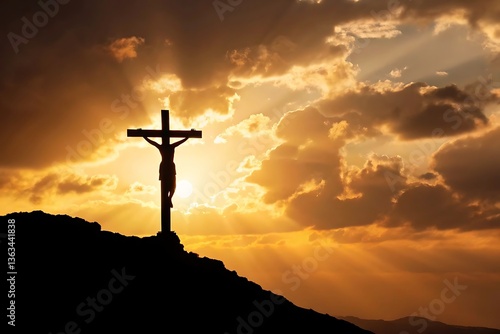 A powerful silhouette of Jesus Christ crucified on a cross at sunset, bathed in golden light and dramatic clouds, signifying sacrifice and hope.