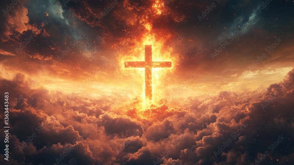 Fiery cross in vibrant sunset sky amidst dramatic clouds—spiritual and majestic scene Fiery cross in vibrant sunset sky amidst dramatic clouds—spiritual and majestic scene