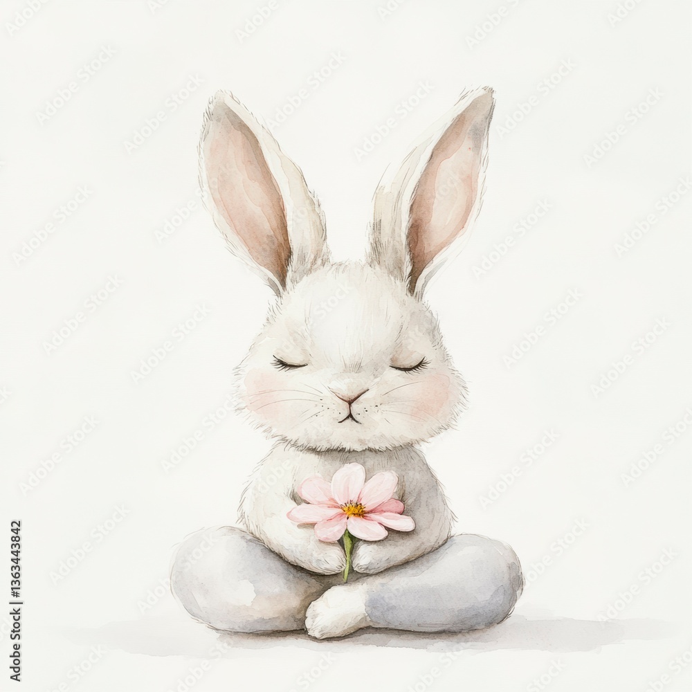 Obraz premium Cute rabbit sitting in a meditative pose holding a pink flower with closed eyes in a serene setting