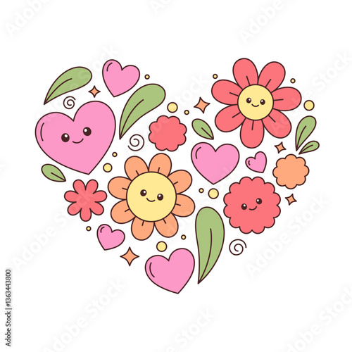 Kawaii retro vintage flowers and heart elements in a shape of a heart. Cute hippie cartoon drawing