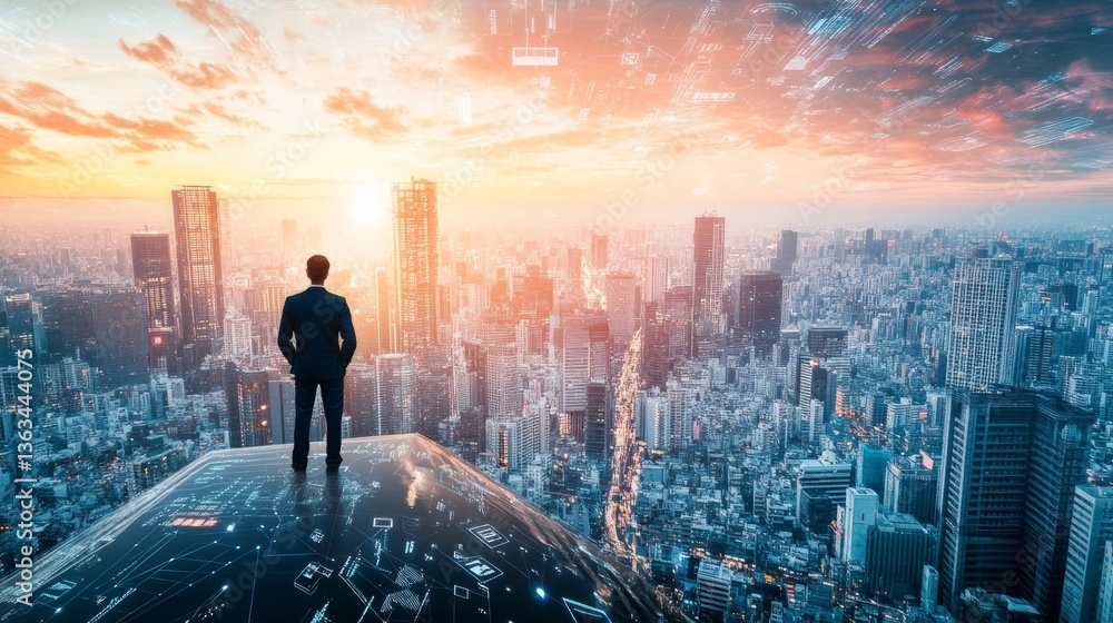 Visionary entrepreneur standing on the rooftop of a skyscraper, overlooking a digital city generative ai Visionary entrepreneur standing on the rooftop of a skyscraper, overlooking a digital city generative ai