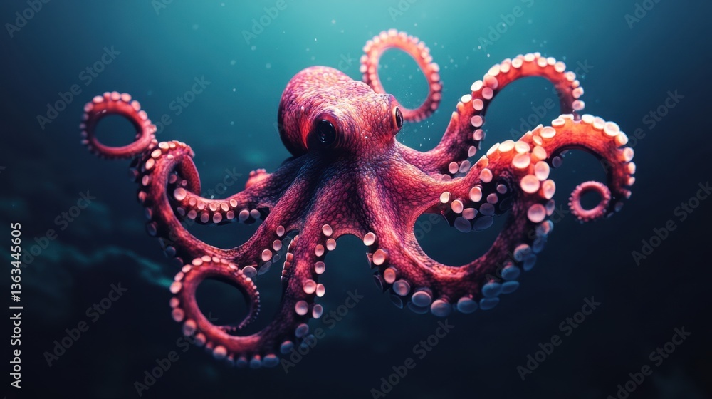 Obraz premium Vibrant red octopus in blue ocean depths