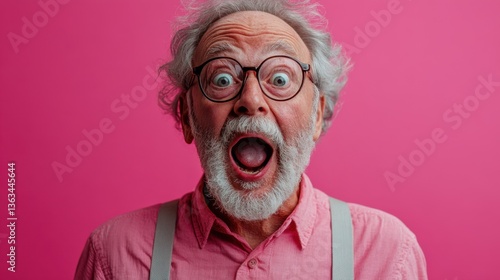 Surprised elderly caucasian male with glasses on pink background