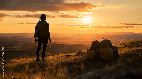 A person standing on a hill, holding a survival knife, looking out over a vast wilderness, the sun setting on the horizon, soft golden light illuminating the scene, a hopeful yet determined atmosphere