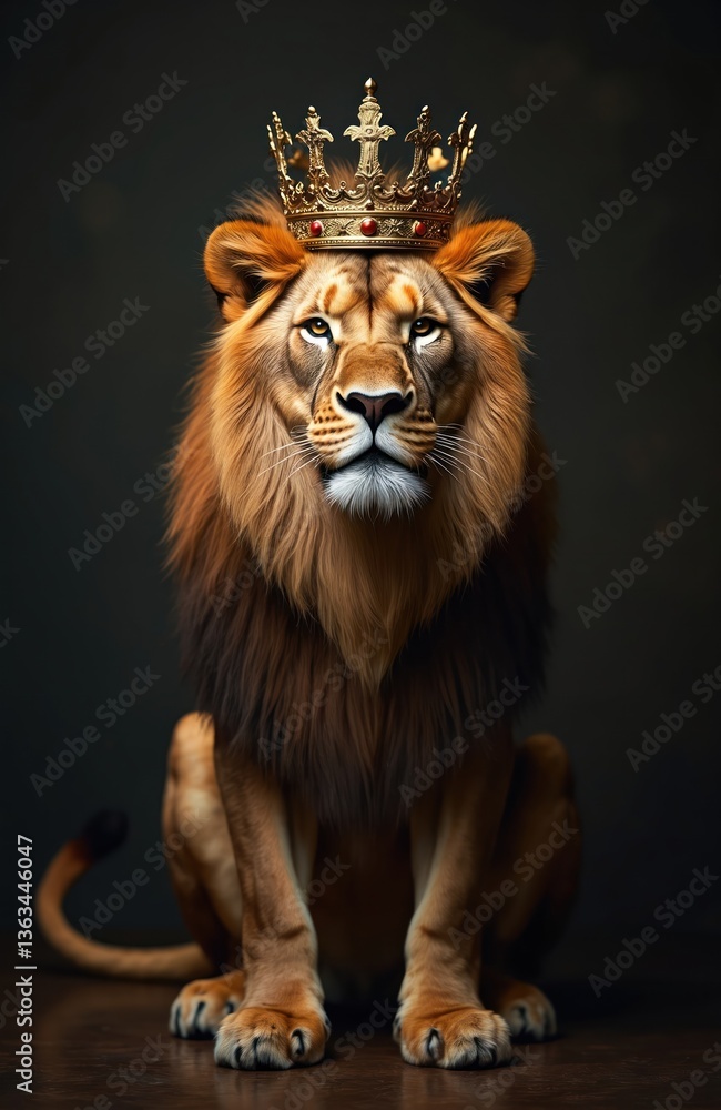Fototapeta premium Regal lion wearing crown on dark background. Majestic animal king, symbol strength and power. Wildlife portrait, royal theme, noble feline beauty, fierce look.
