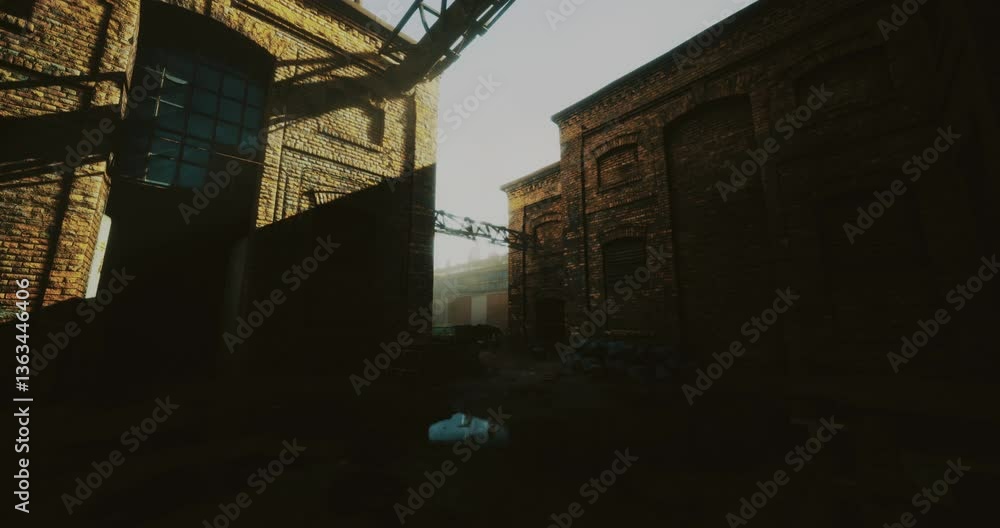 An atmospheric view of an industrial alley, where sunlight filters through, illuminating brick buildings and creating long, dramatic shadows. The scene captures a sense of quiet intrigue. An atmospheric view of an industrial alley, where sunlight filters through, illuminating brick buildings and creating long, dramatic shadows. The scene captures a sense of quiet intrigue.