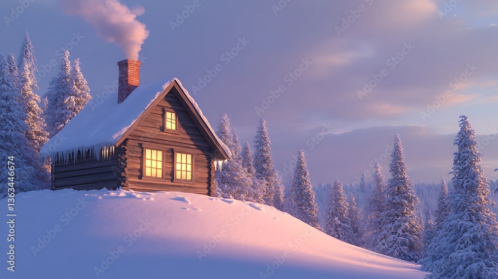 A small wooden house on a snowy hill, with soft light from the windows and a chimney puffing smoke, the surrounding pines covered in snow as twilight deepens, 32k, full ultra hd, high resolution A small wooden house on a snowy hill, with soft light from the windows and a chimney puffing smoke, the surrounding pines covered in snow as twilight deepens, 32k, full ultra hd, high resolution