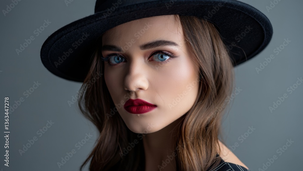 A woman wearing a black hat and red lipstick A woman wearing a black hat and red lipstick