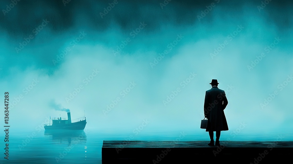 Fototapeta premium A man stands at the pier, gazing upon the boat in the murky water