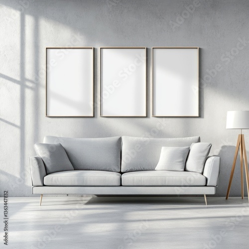 Modern living room with grey sofa and three empty frames.