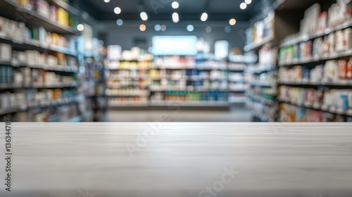 Wallpaper Mural Empty wooden counter in bright retail store aisle with blurred shelves Torontodigital.ca