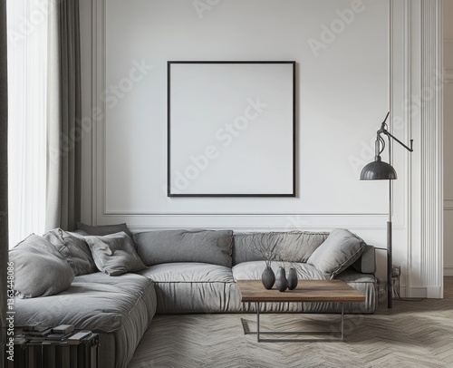 Modern living room with grey sectional sofa, wooden coffee table, and blank canvas.