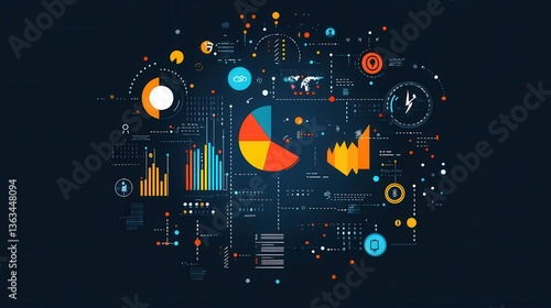 Abstract data visualization with colorful infographics and charts on dark background