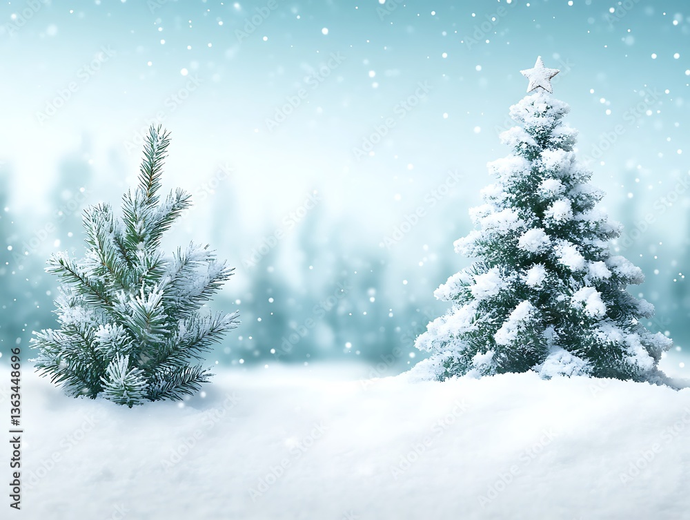 Obraz premium Winter landscape featuring two snow covered evergreen trees on white ground