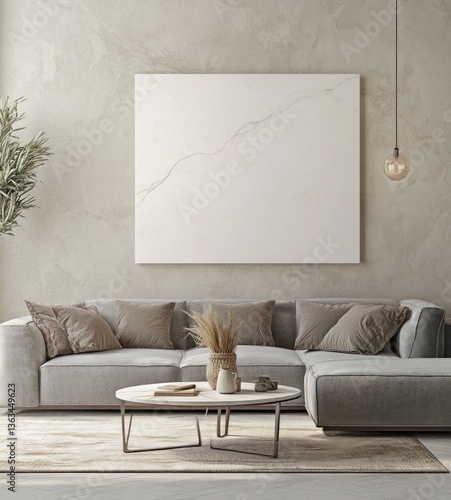 Modern living room with grey sofa, beige rug, and artwork.