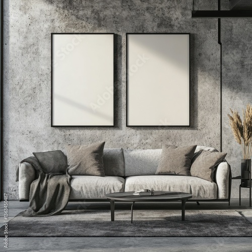 Modern living room with grey sofa, concrete wall, and two blank frames.