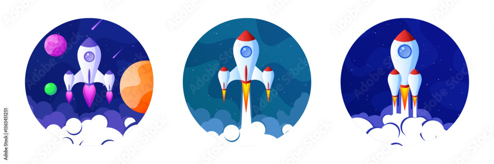 Rocket launch, space futuristic colorful background with planets and stars. Cartoon starship, spaceship in night sky. Solar system, galaxy and universe exploration. Vector illustration