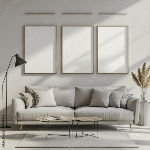 Modern living room with grey sofa, three framed prints, and pampas grass.