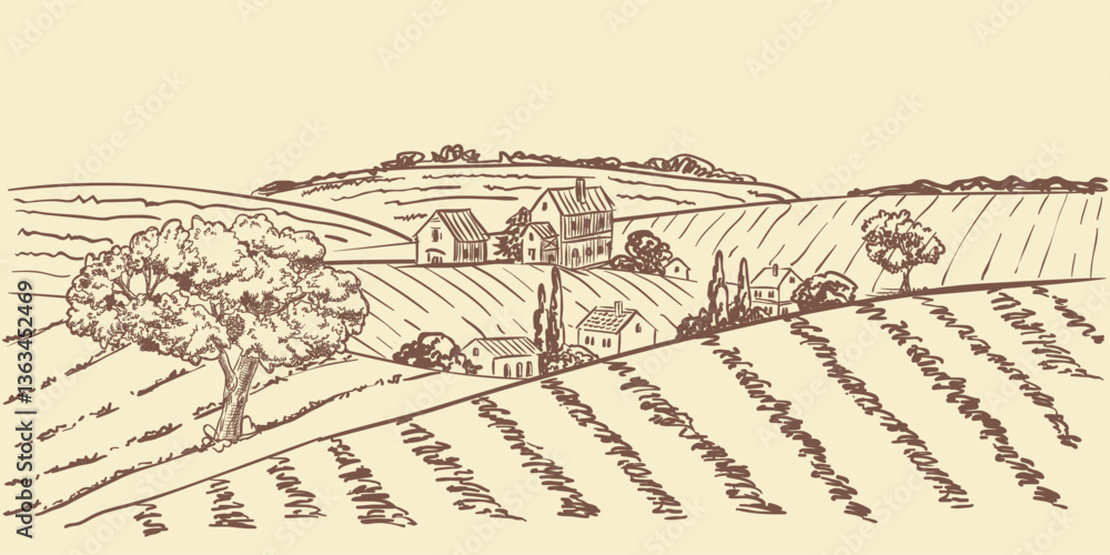 Fototapeta premium Fields, meadows, vineyards and gardens landscape. Vector hand drawn sketch illustration. Farm products label design