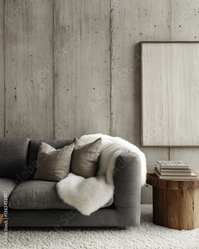 Modern living room with grey sofa, sheepskin throw, and concrete wall.