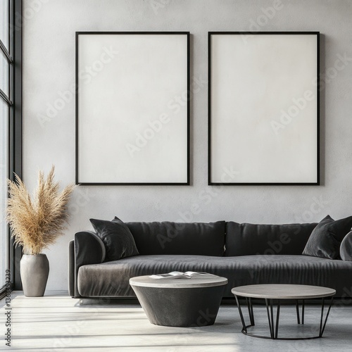 Modern living room with grey sofa, two blank frames, and pampas grass.