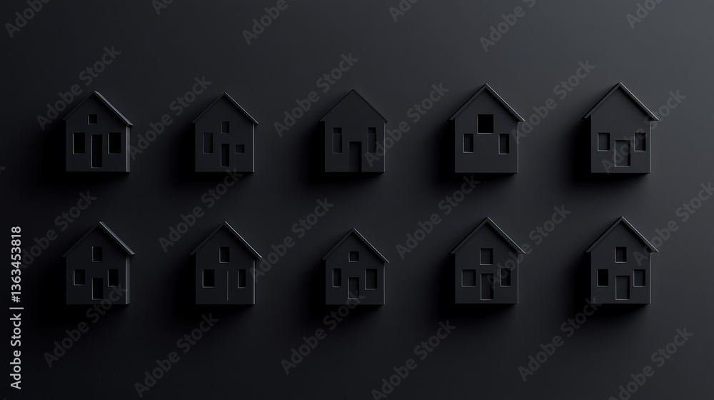 Ten black house icons on dark background, real estate concept Ten black house icons on dark background, real estate concept