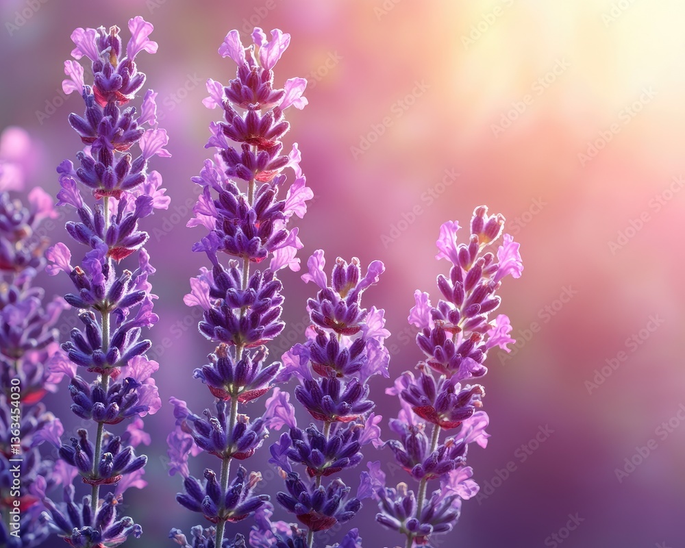 Vibrant lavender flowers blooming in a serene garden at sunset, creating a tranquil atmosphere Vibrant lavender flowers blooming in a serene garden at sunset, creating a tranquil atmosphere