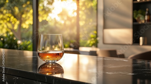 Glass of Whiskey on Marble Counter with Sunlit Background in Modern Home