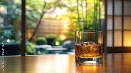 Glass of Whisky on Table with Scenic Garden View in Background