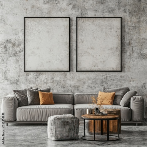 Modern living room with grey sofa, two framed artworks, and a coffee table.