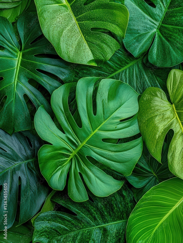 Fototapeta premium Lush Green Swiss Cheese Plant Leaves With Water Droplets