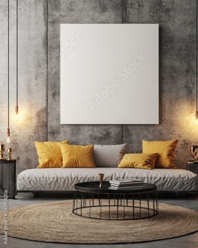 Modern living room with grey sofa, yellow pillows, and large blank canvas.