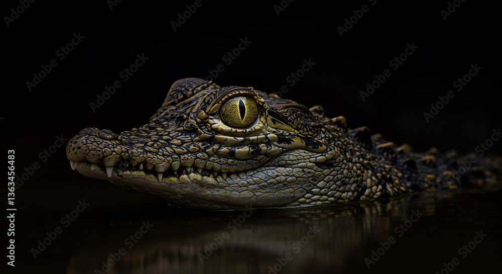 Fototapeta premium Intense gaze of a vigilant caiman peering from the darkness of the water