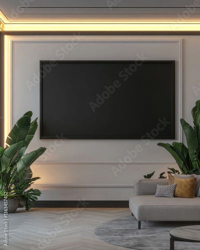 Modern living room with large black framed TV mockup, grey sofa, and tropical plants.