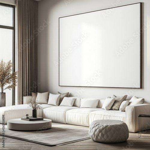 Modern living room with large blank canvas and sectional sofa.