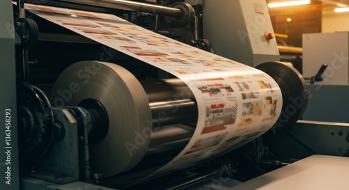 A large roll of printed material feeds through a heavy-duty industrial printing press