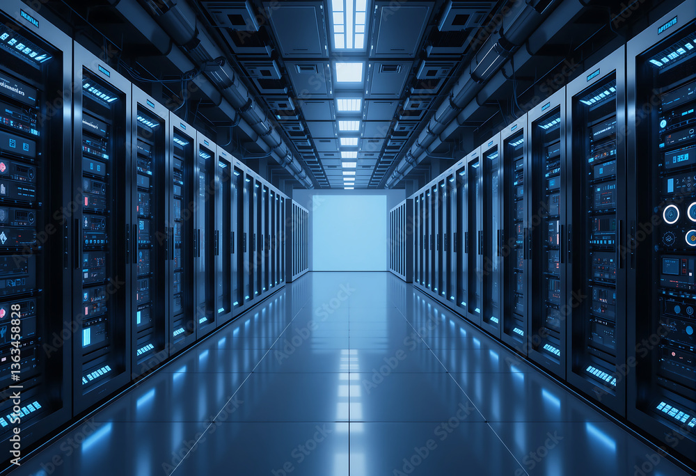 Fototapeta premium Modern server room filled with rows servers, illuminated by bright overhead lights. The sophisticated setup supports advanced AI systems for efficient data management