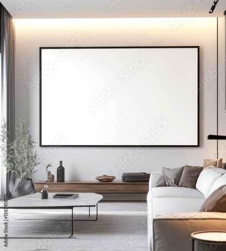 Modern living room with large blank canvas above sofa.