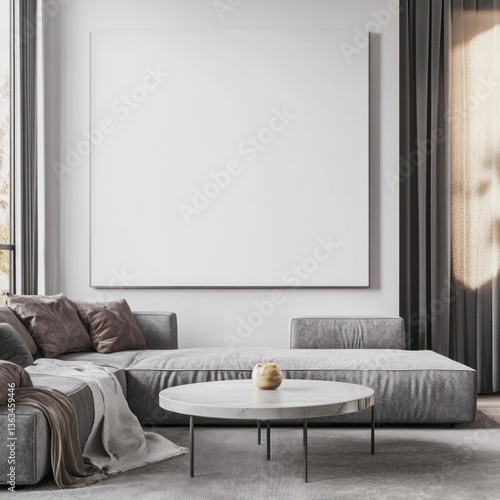 Modern living room with large blank canvas and sectional sofa.