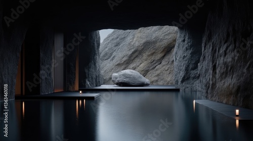 Modern spa, nestled within a cavernous rock face.  Tranquil, minimalist interior with a smooth, dark pool