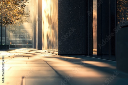 Wallpaper Mural Sunrise illuminates a modern building's exterior, casting warm shadows on the pavement. Torontodigital.ca
