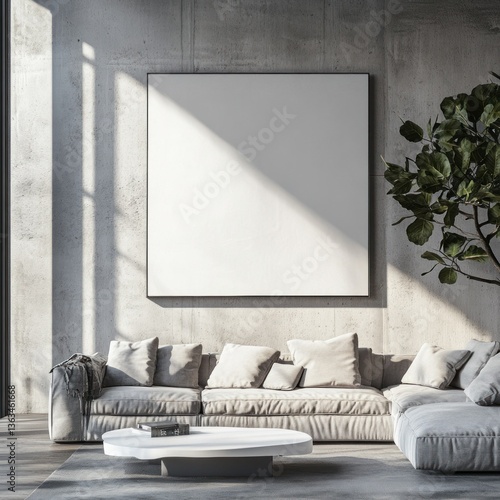 Modern living room with large blank canvas, sectional sofa, and plant.