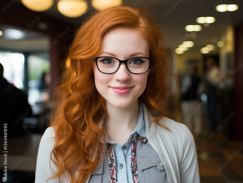 Young woman student with wavy red hair and glasses smiling indoors, casual outfit