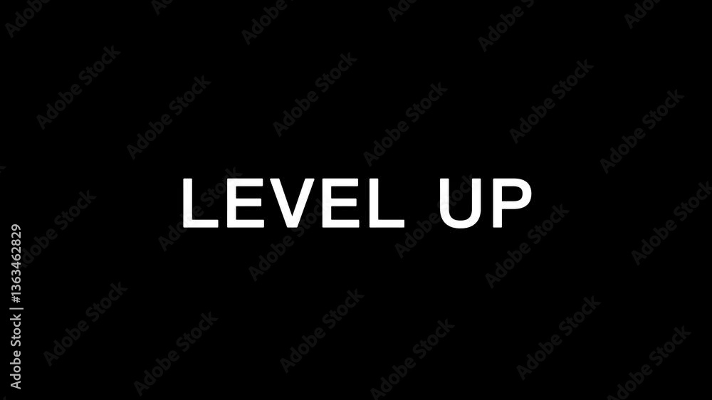 Bold white level up text animation on black background seamless loop motion graphic. Animated level up text on black background seamless motion graphic loop. Bold white level up text animation on black background seamless loop motion graphic. Animated level up text on black background seamless motion graphic loop.