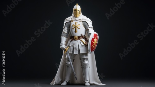 Knight in shining armor, ready for battle.  A majestic figure in full medieval combat attire,  exuding strength and faith. 