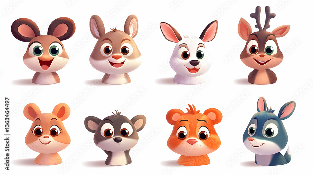 Fototapeta premium Adorable Cartoon Animals Collection: Happy Bunnies, Deer, and Hamster Illustrations