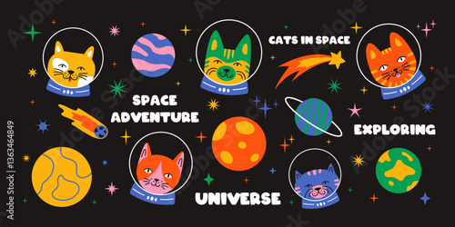 A colorful set of funny cats in space with the words space adventure, exploring, and universe. Playful and whimsical collection with cats wearing space suits. Kittens in space in flat design.